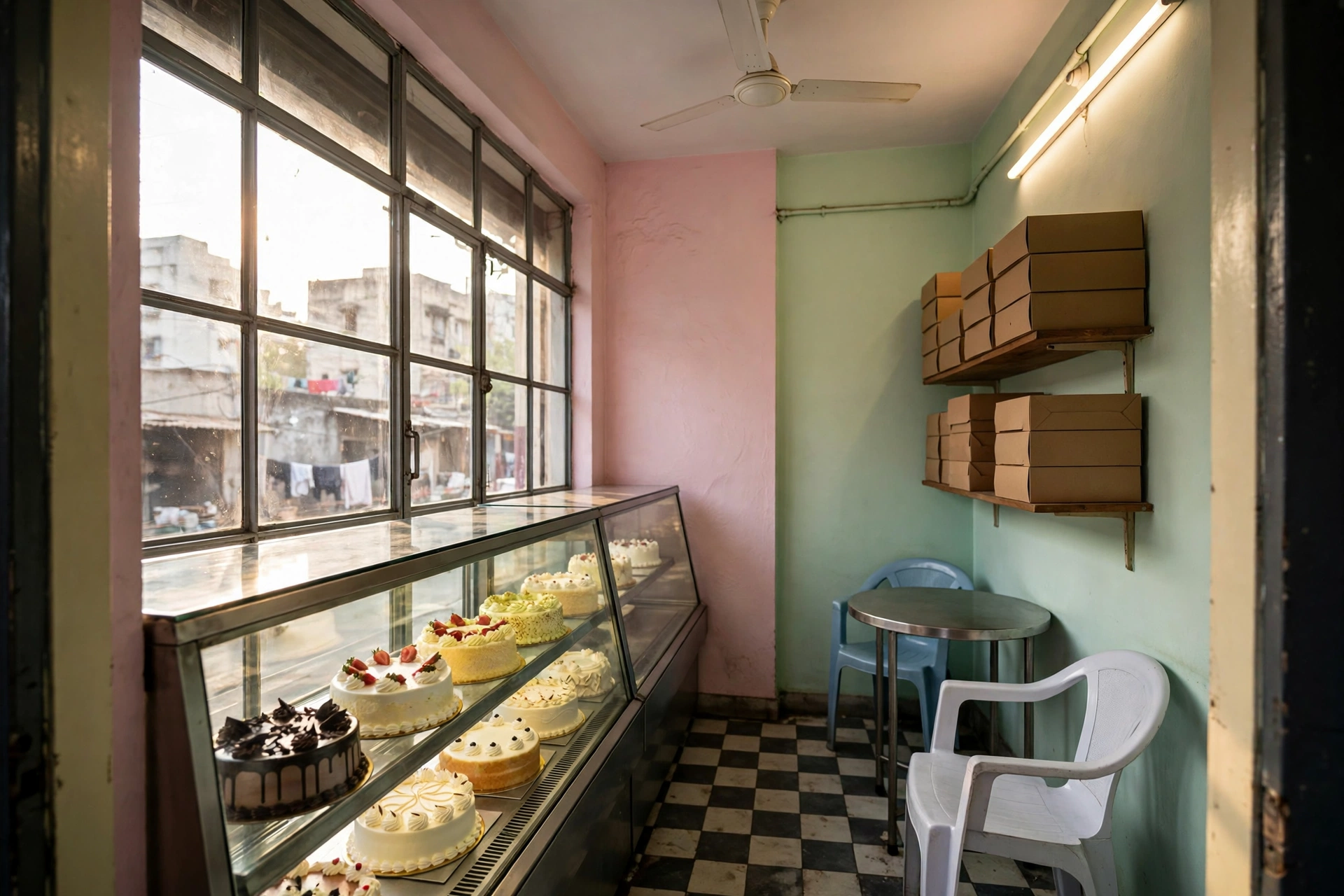 Inside the Sweet Delights shop — pastel walls, a display case of whole cakes, bunting, plastic chairs and a ceiling fan, seen from the doorway