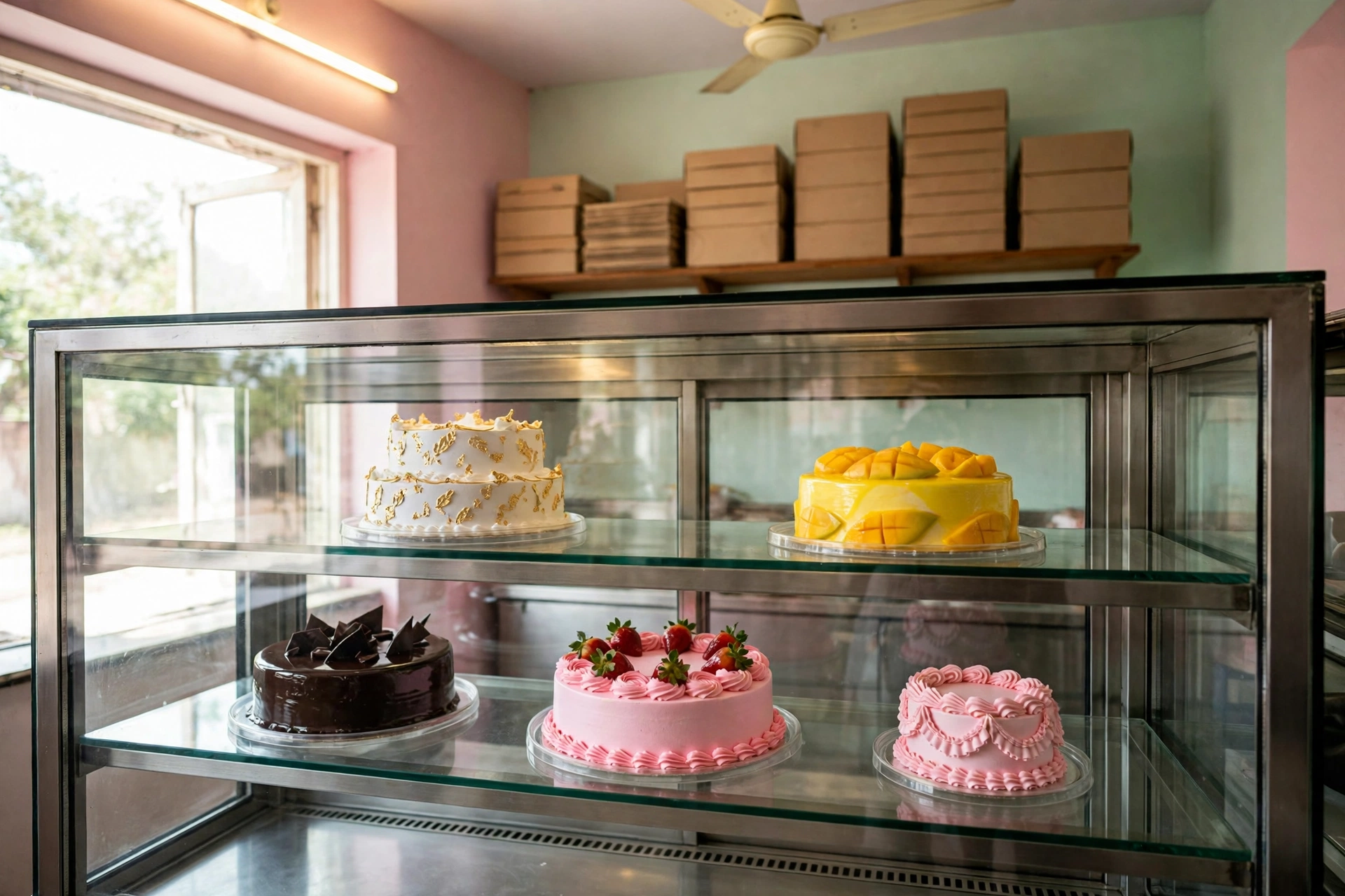 The steel-and-glass display case at Sweet Delights filled with whole cakes — white and gold, mango, chocolate, strawberry and pink