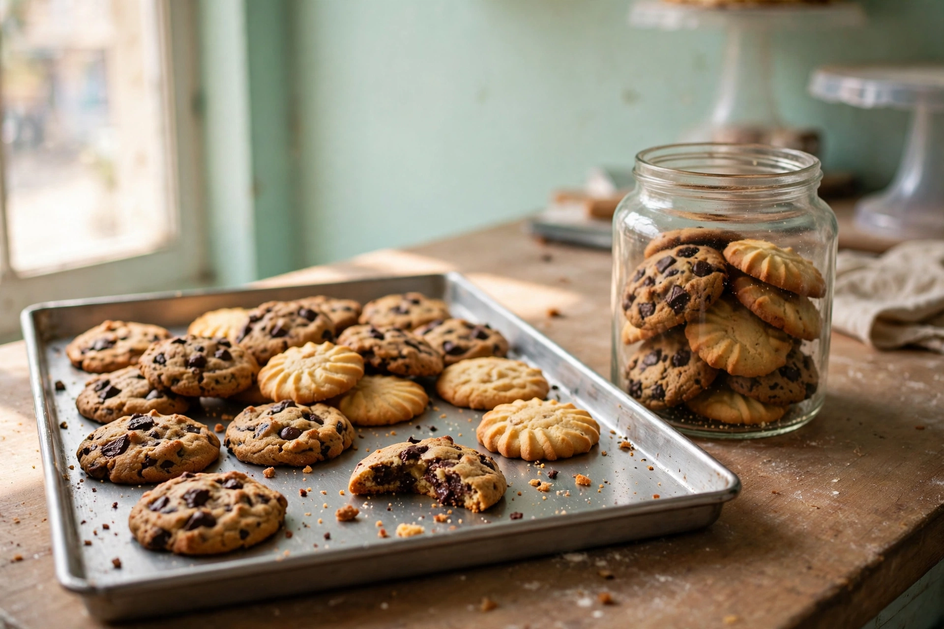 A steel tray of freshly baked chocolate-chip and butter cookies, one broken open, beside a glass jar of cookies