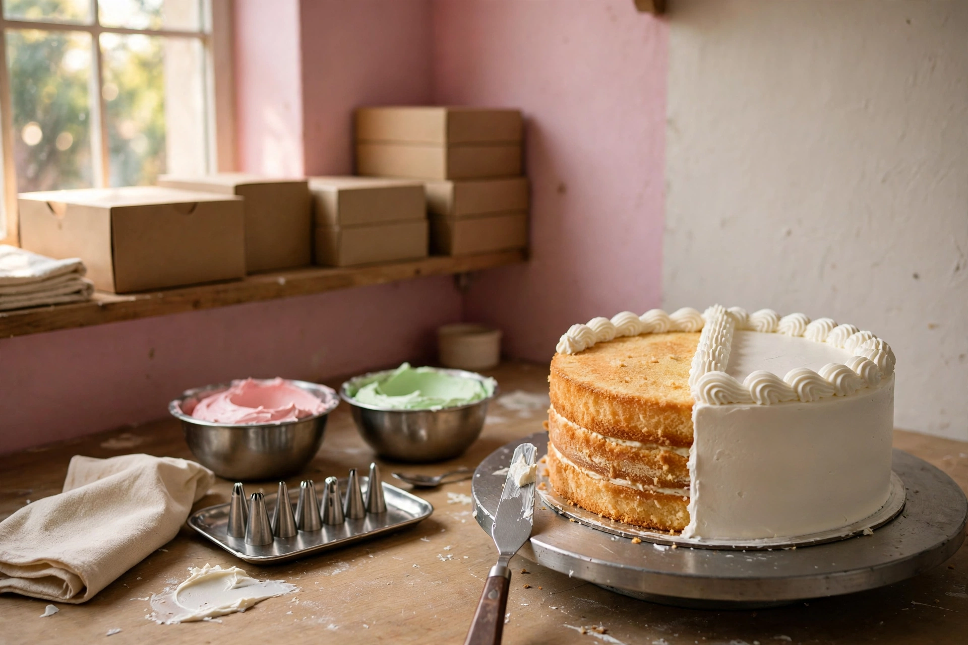 A cake mid-decoration on a steel turntable — half covered in smooth white buttercream with a piped border, half still golden sponge, with piping tips and bowls of coloured cream around it