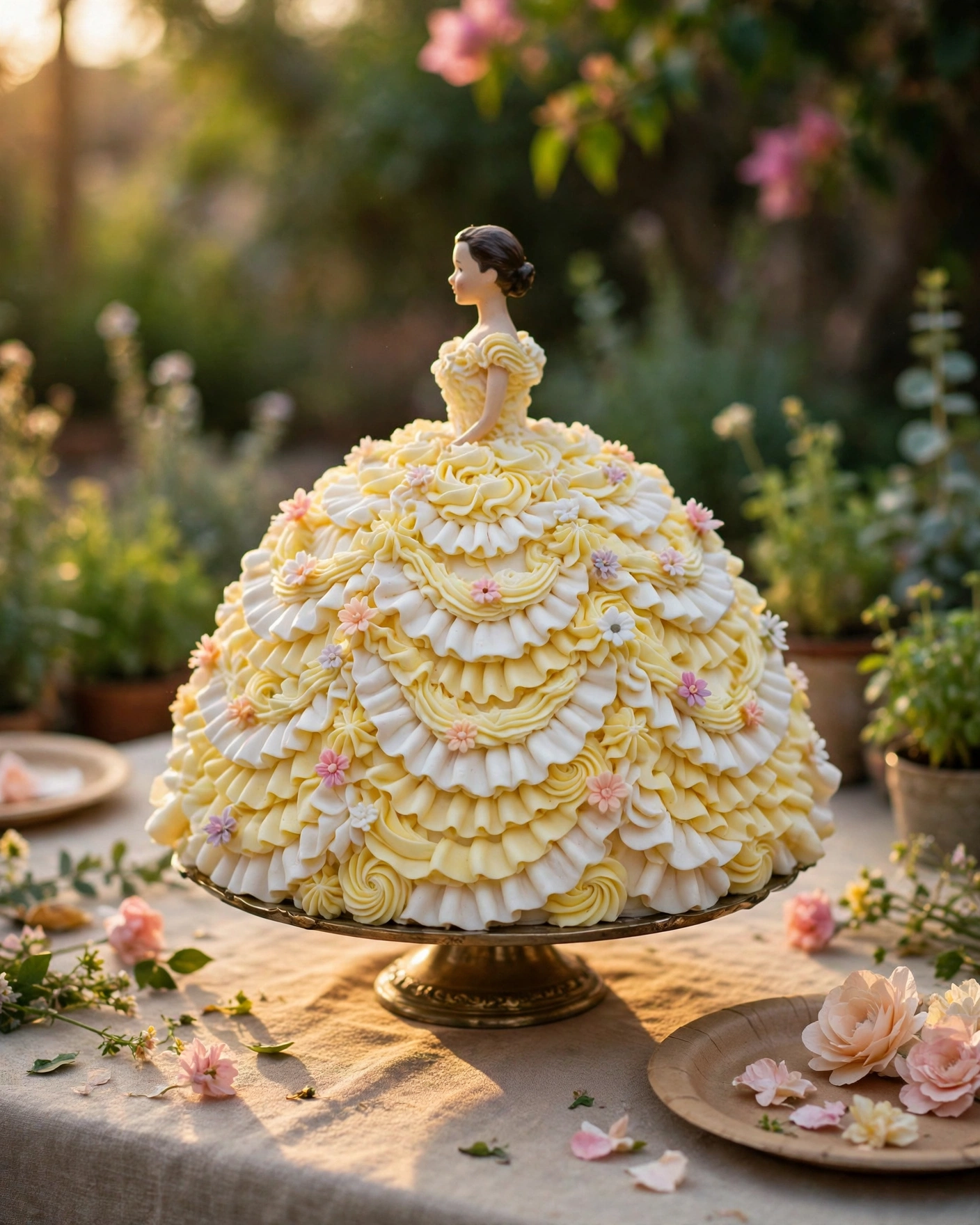 A doll cake with a pale yellow and white ruffled buttercream gown and tiny sugar flowers, on a garden party table in evening light