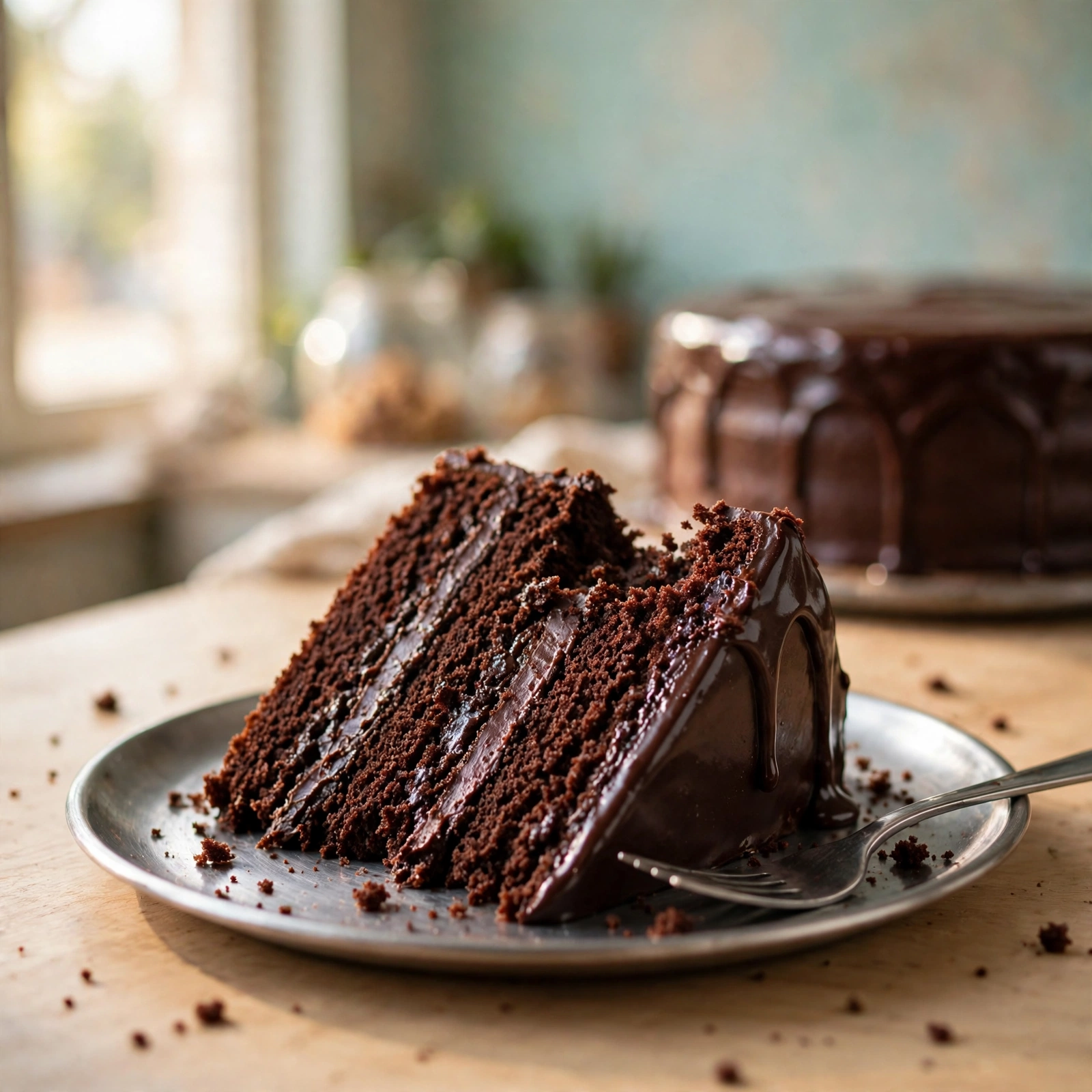A slice of dark chocolate layer cake with glossy ganache on a steel plate, one bite taken
