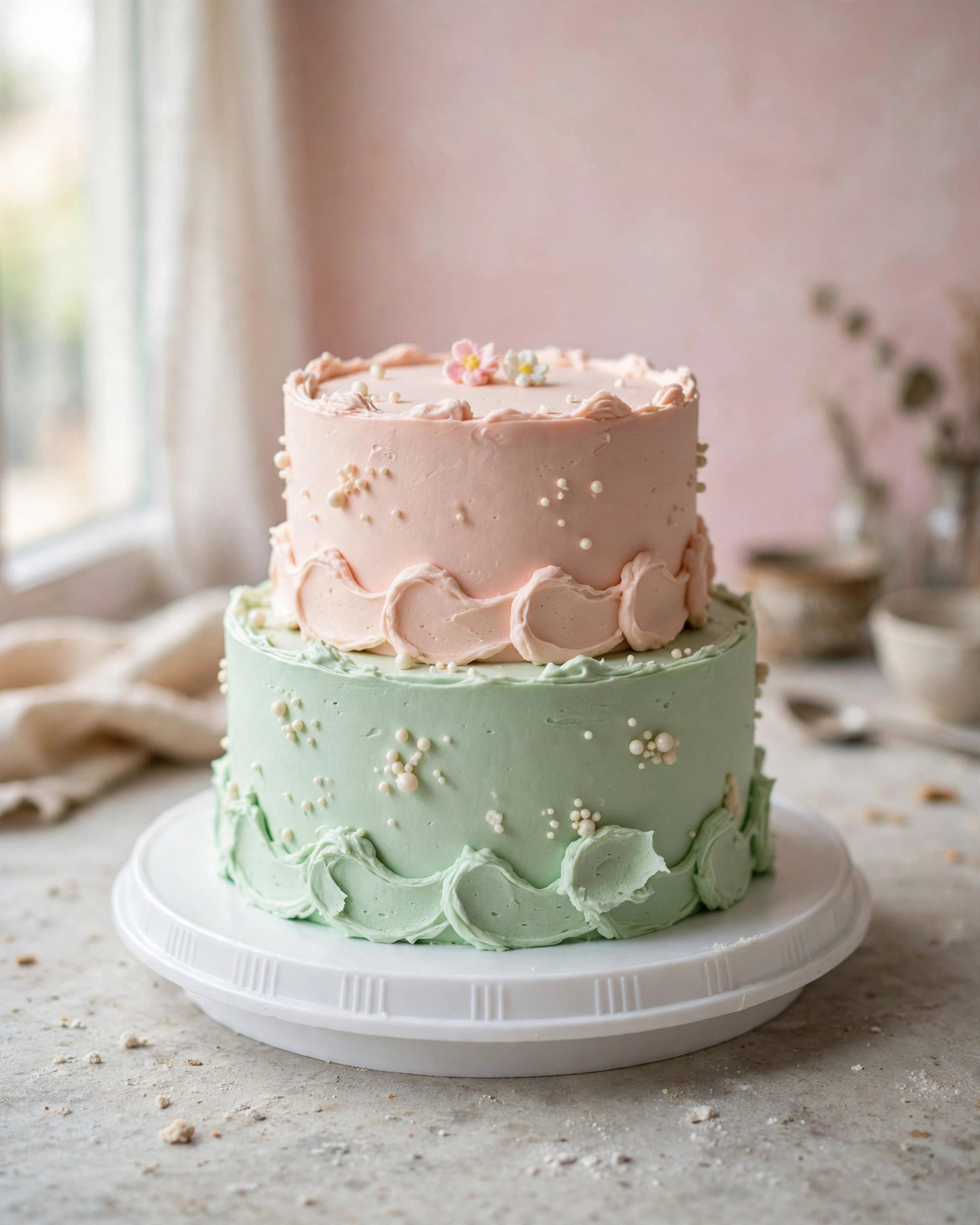 A two-tier designer cake with a mint-green bottom tier, blush-pink top tier and sugar pearls