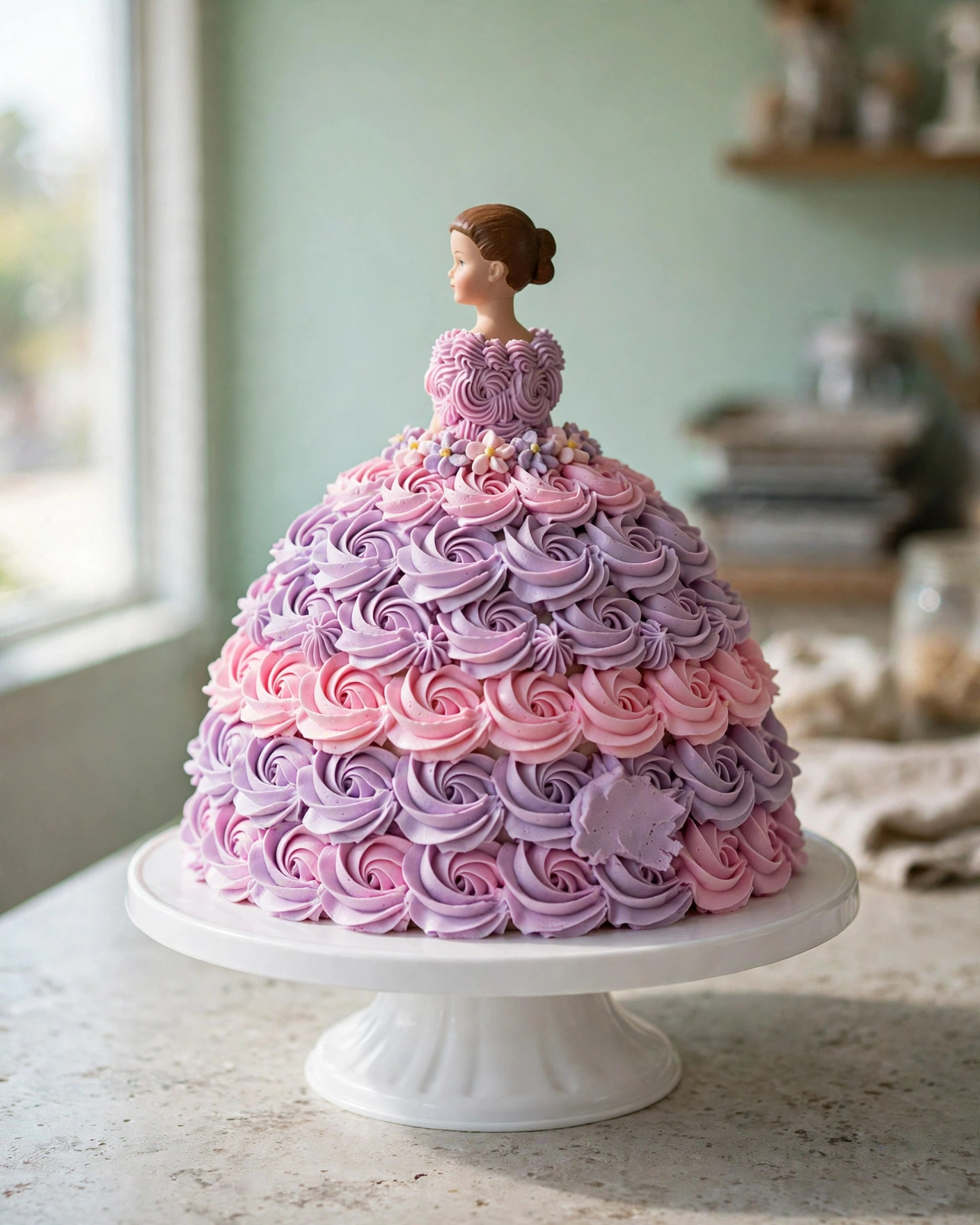 A doll cake with a swirling lavender and pink buttercream gown