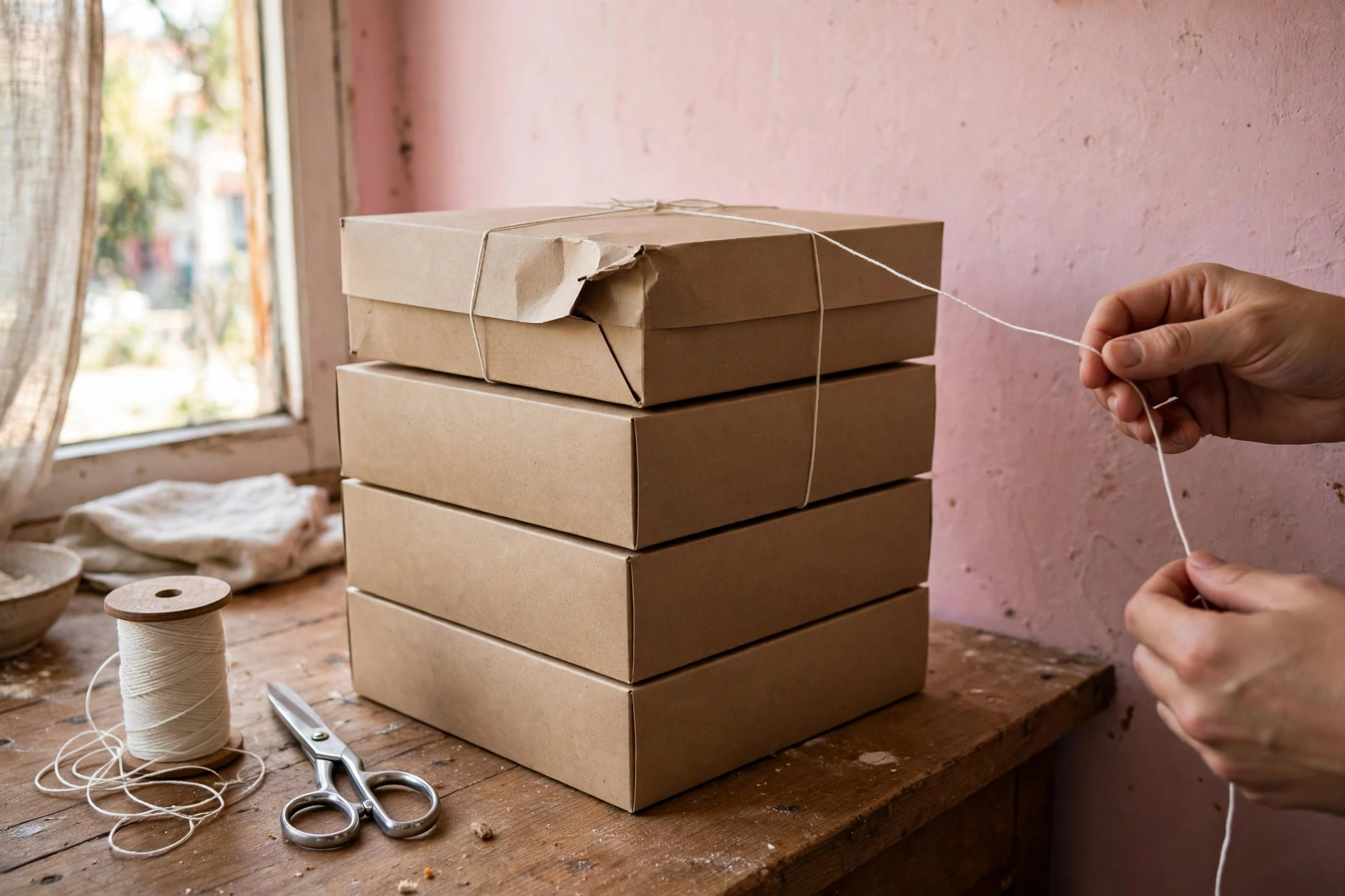 Hands tying white bakery boxes with pink string on a steel work counter, a finished cake waiting beside them