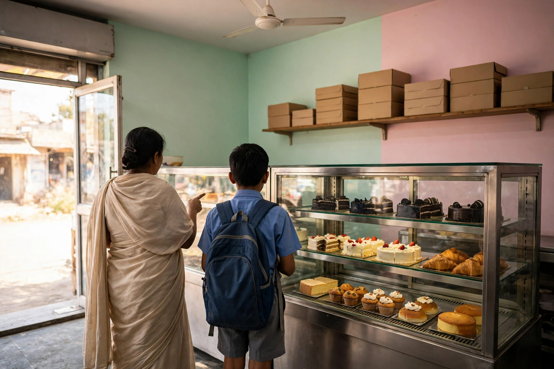 A woman in a saree and a schoolboy choosing a cake at the bakery counter, seen from behind