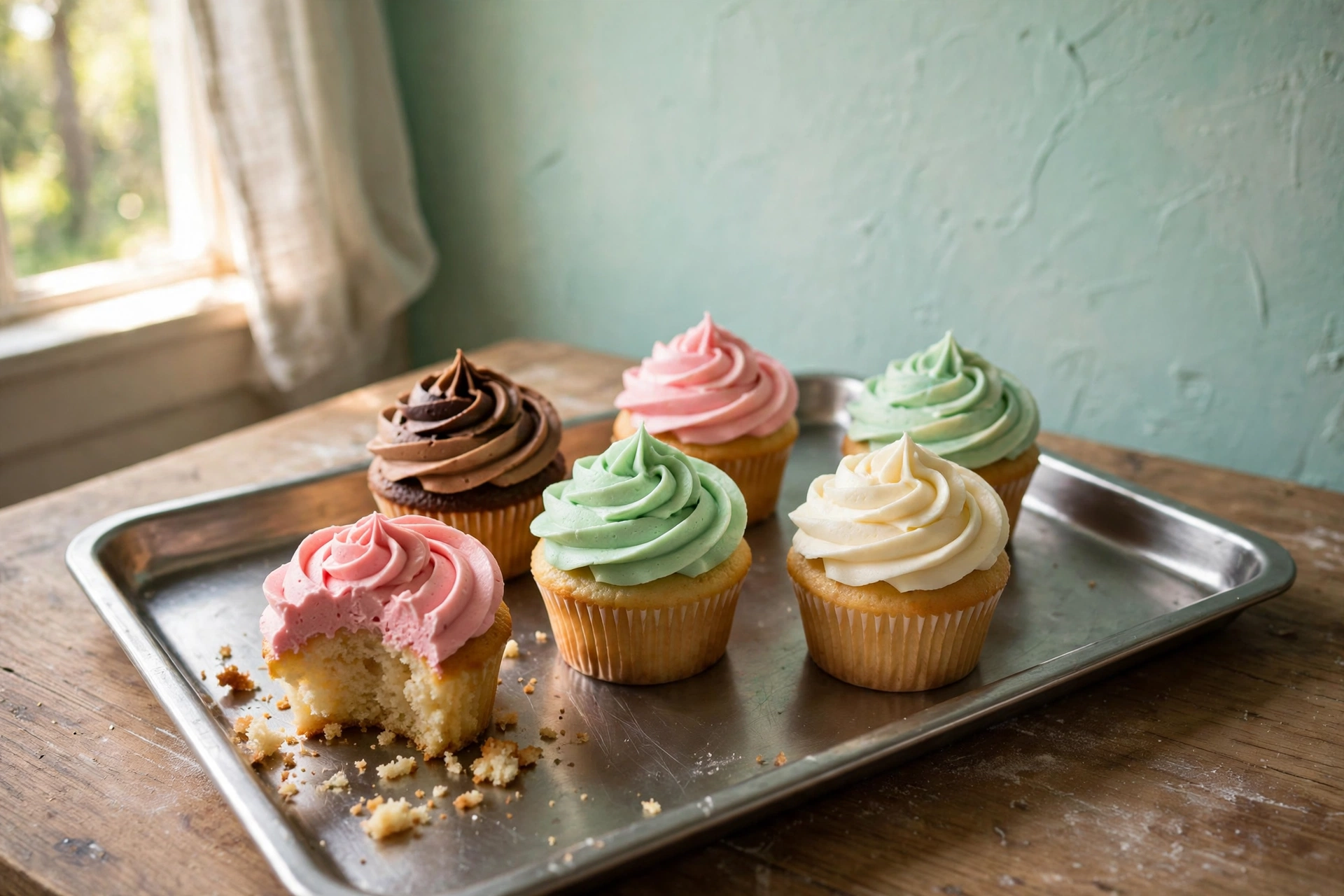 A steel tray of pastel cupcakes with swirl frosting and sprinkles, a steel glass of milk beside it