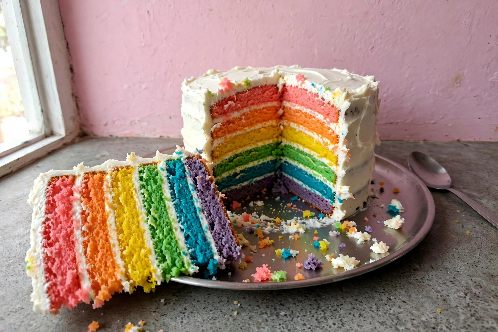 A rainbow layer cake with a slice lifting out to show its bright layers, on a party table with paper plates and colourful flags