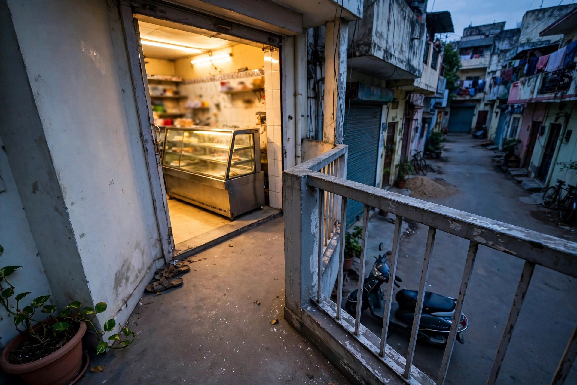 The shop from the landing in the evening — warm light in an open doorway, display case glowing, a scooter parked below