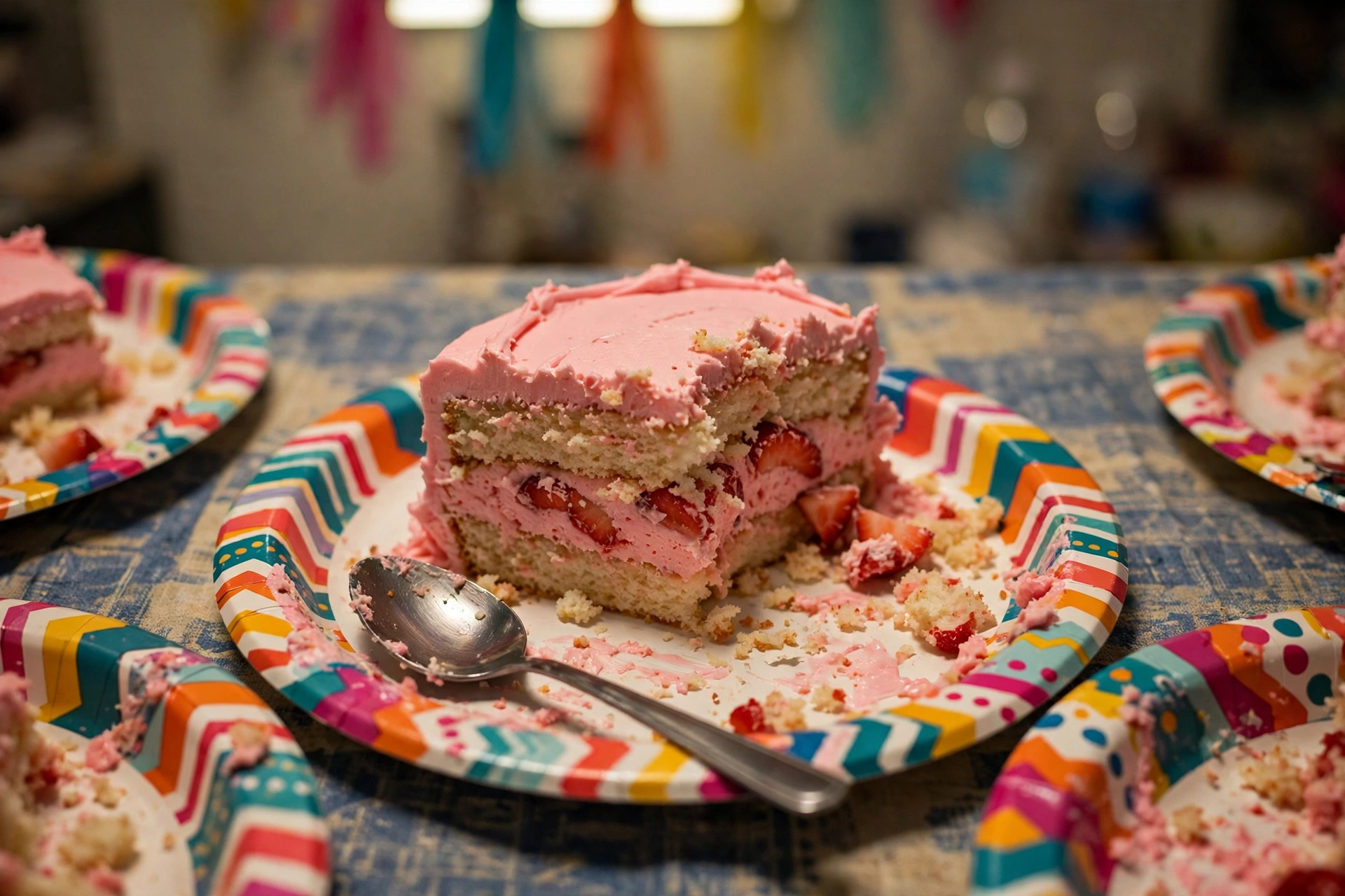 A slice of strawberry layer cake on a steel plate with a fork mid-bite, a glass of rose milk beside it