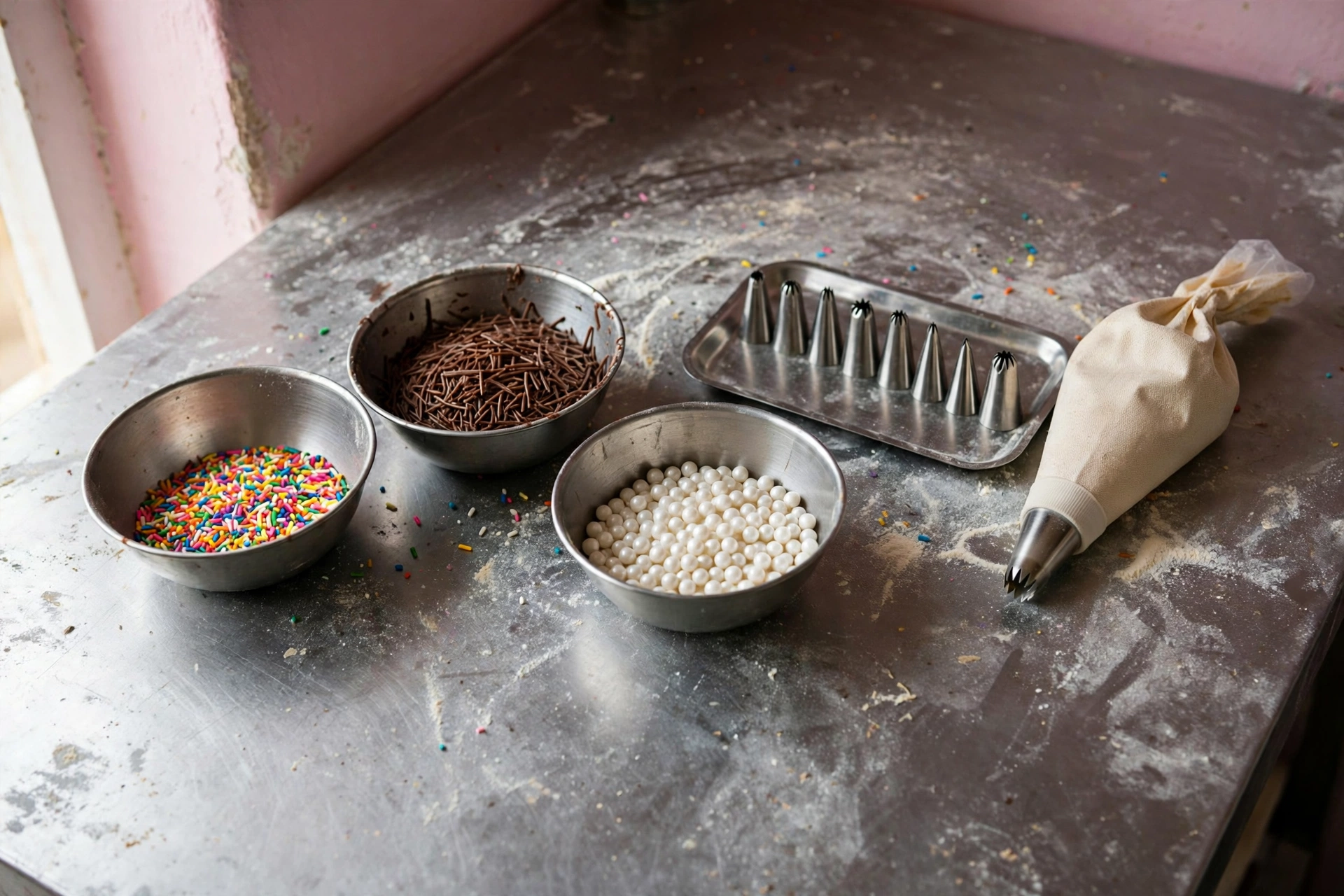 Steel katoris of colourful sprinkles, sugar pearls and chocolate chips with piping tips and piping bags on a steel counter