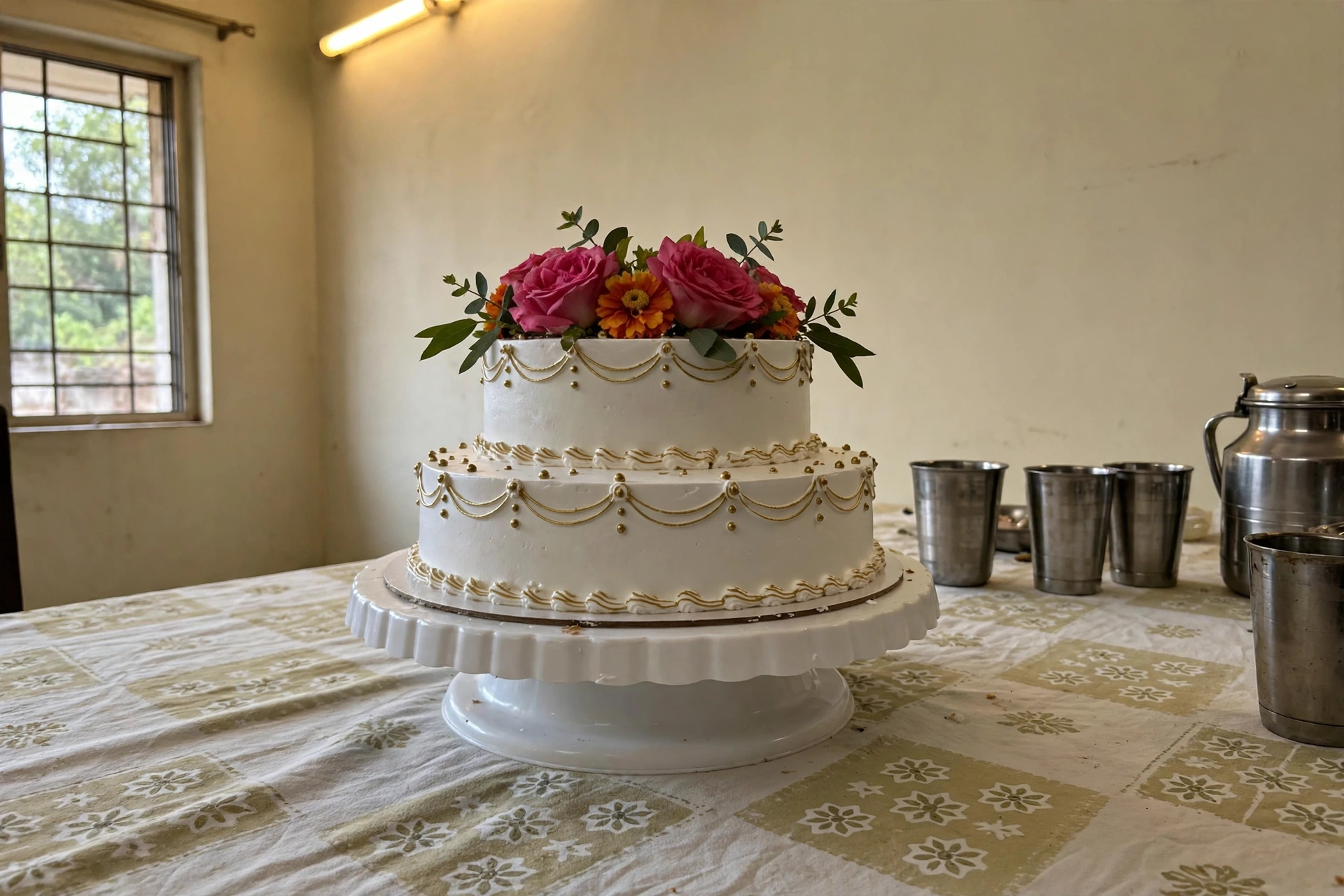 A white two-tier anniversary cake with gold ribbon, red roses and marigold flowers, steel tumblers beside it on a lace cloth