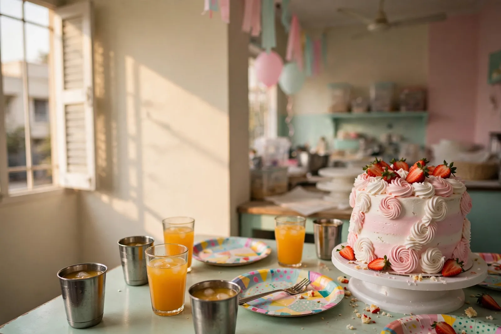 A tall pink-and-white celebration cake with strawberries on a party table at a home in Ahmedabad, with paper plates and glasses of juice around it