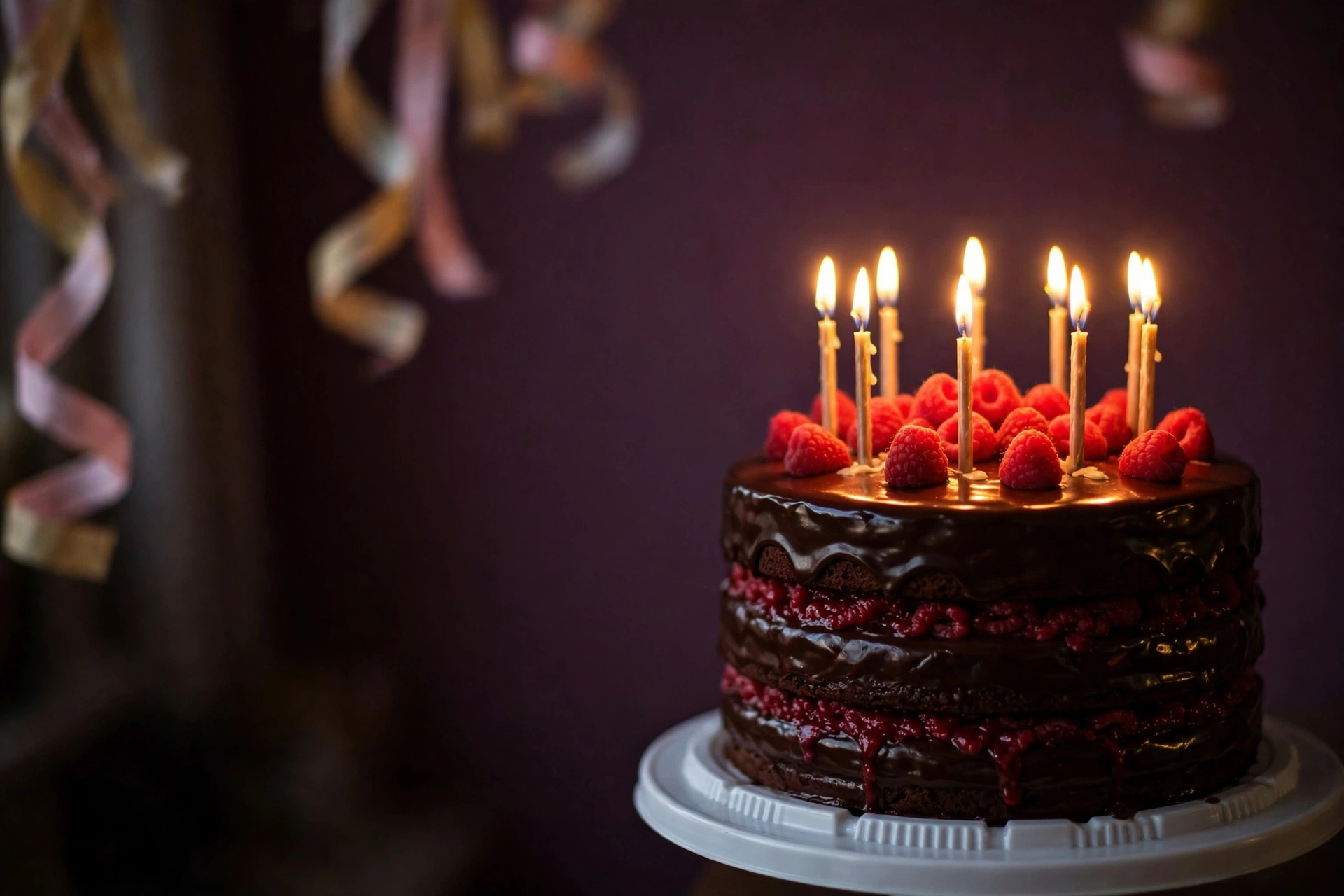 A tall chocolate and raspberry celebration cake with lit candles against a deep plum wall
