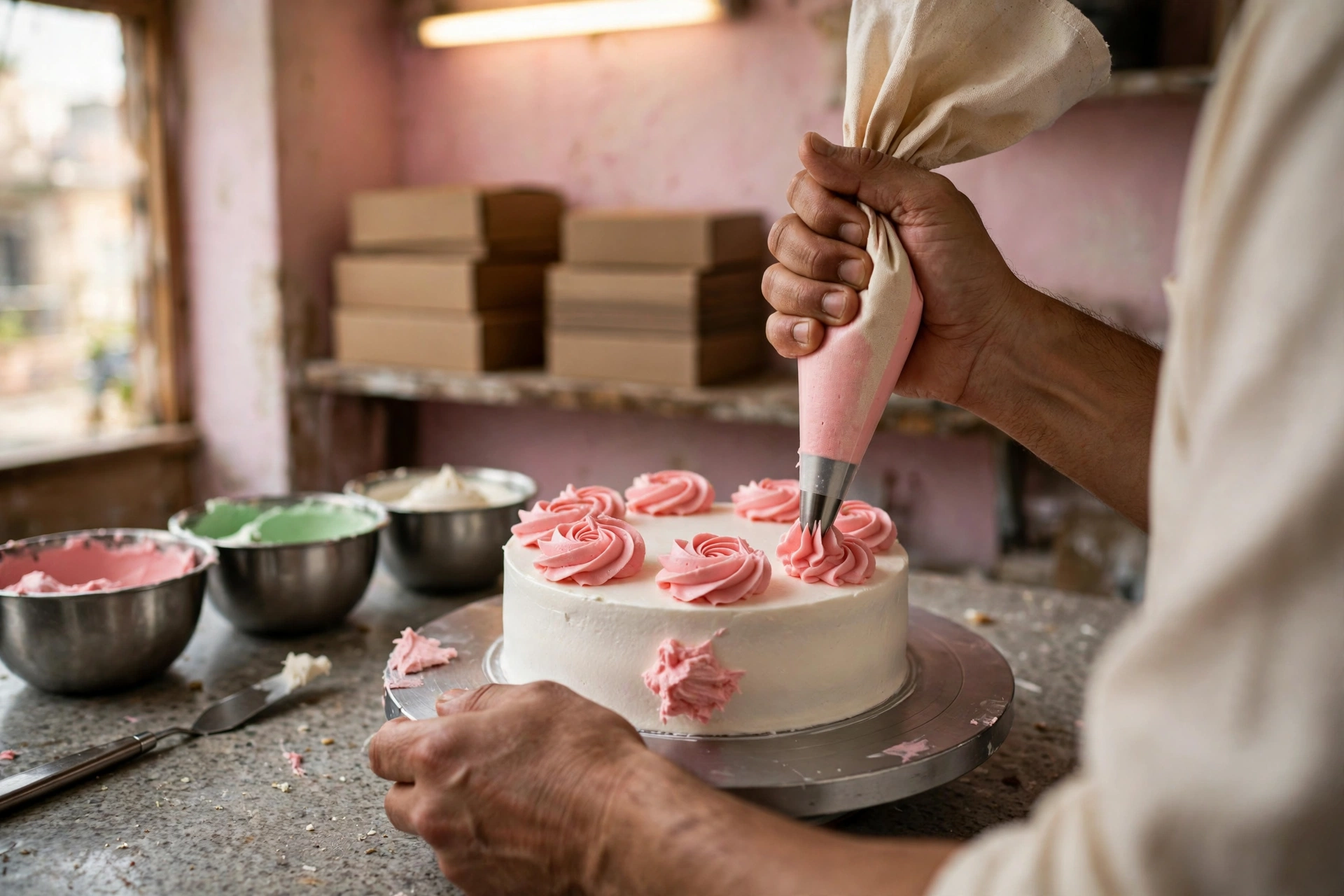 Hands piping pink buttercream rosettes onto a white cake on a steel turntable, with bowls of coloured buttercream beside it